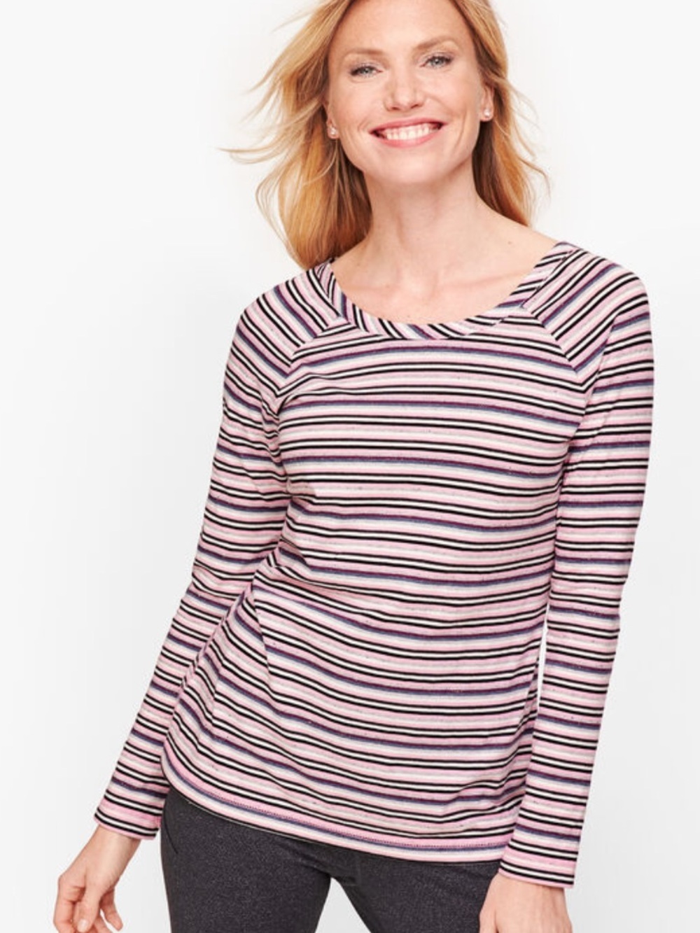 NEW T by Talbots Pink Grey Stripes Long Sleeve Top Shirt Casual Size Medium